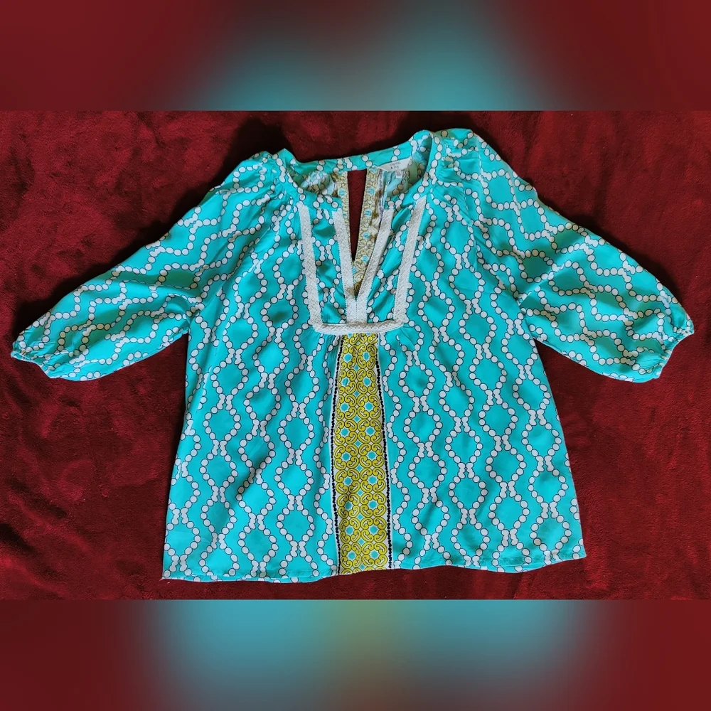 Crown & Ivy Petite Med Women's Casual Smock Top Aqua Mint Green Crochet Trim - Picture 1 of 10